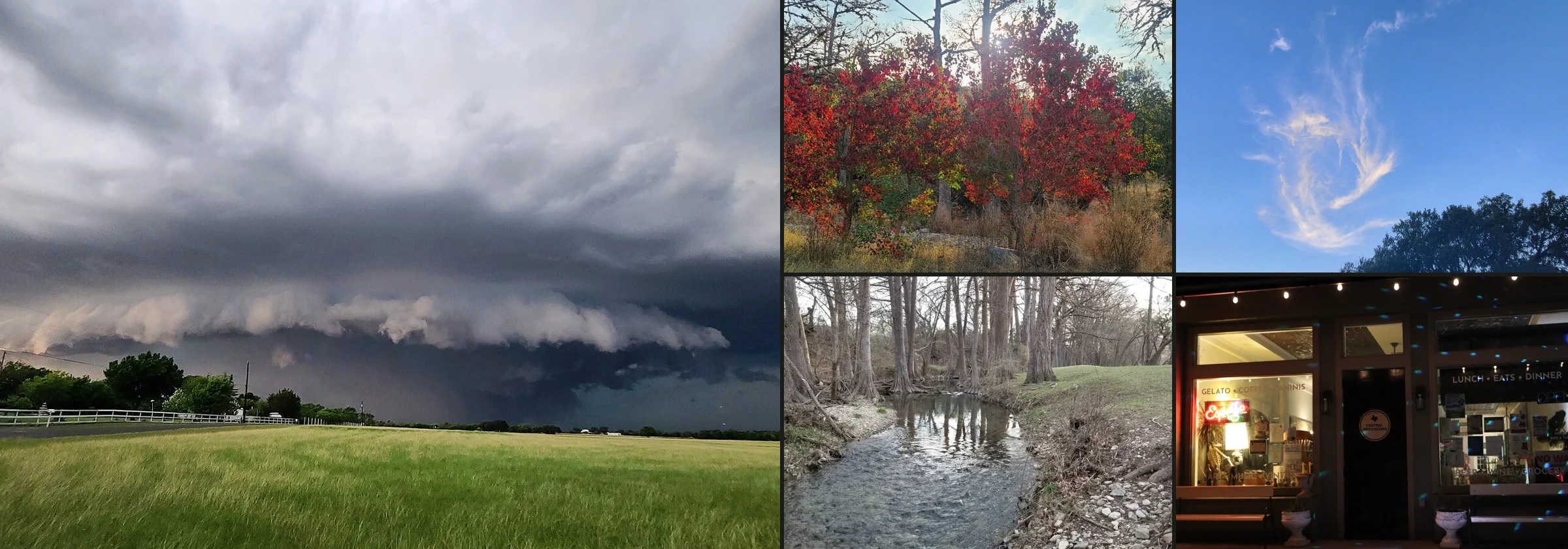 Photographs by Nick Sosa: a sweeping storm over a Hill Country field, backlit red sumac, a close-up cat portrait, cypress-lined Verde Creek, and a glowing storefront at night.
